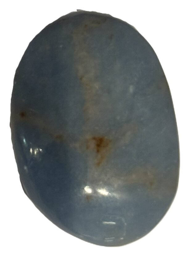 Angelite palm stone 4 2 sians emporium Polished blue angelite oval palm stone with natural earthy brown veining on a white background